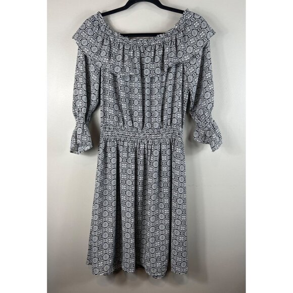 Libby Edelman Dress Black & Ivory Print Dress 3/4 Sleeve Large - Picture 2 of 8